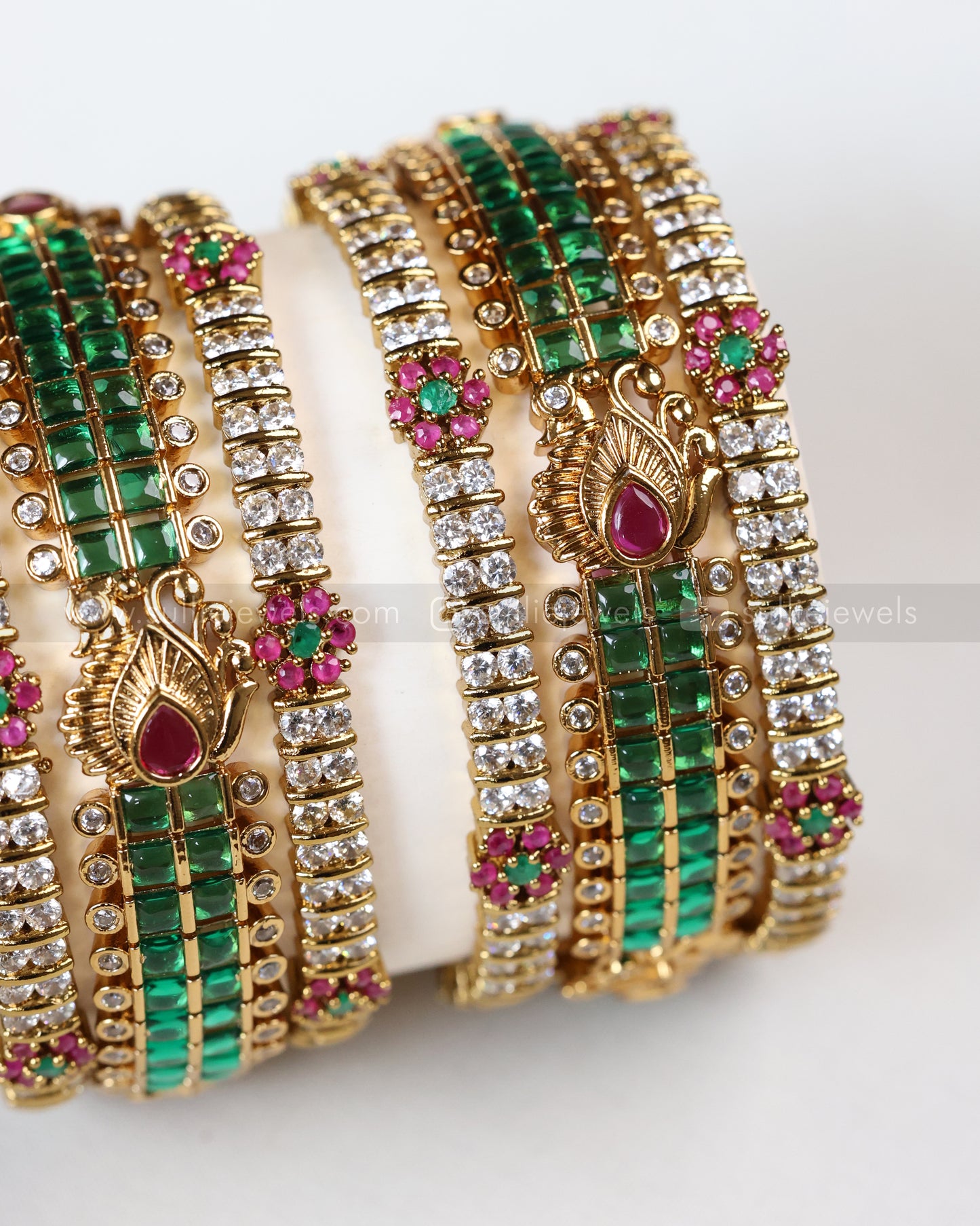 Green Peacock Floral Bangle Combo - Set of 6 Bangles