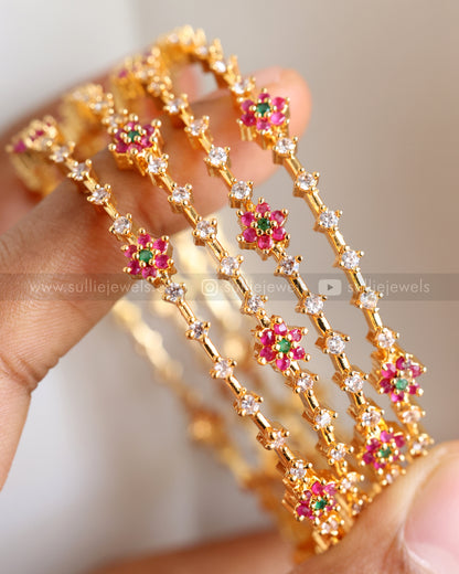 Floral Ruby White Stone Bangle - Set of 4