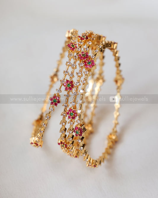 Floral Ruby White Stone Bangle - Set of 4