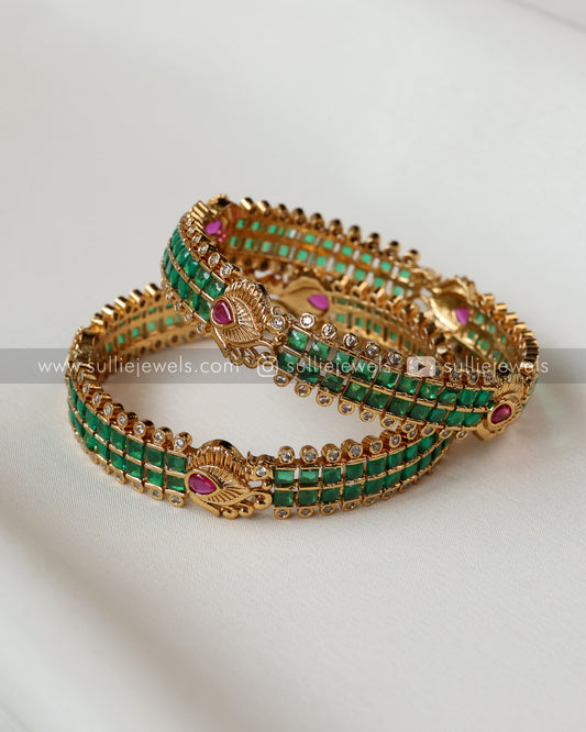 Premium Peacock Green Stone Bangle - Set of 2