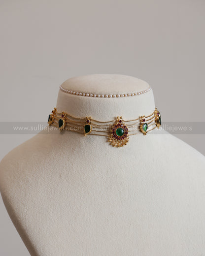 2093 - Gold Plated Palakka 5 layer Choker with Studs