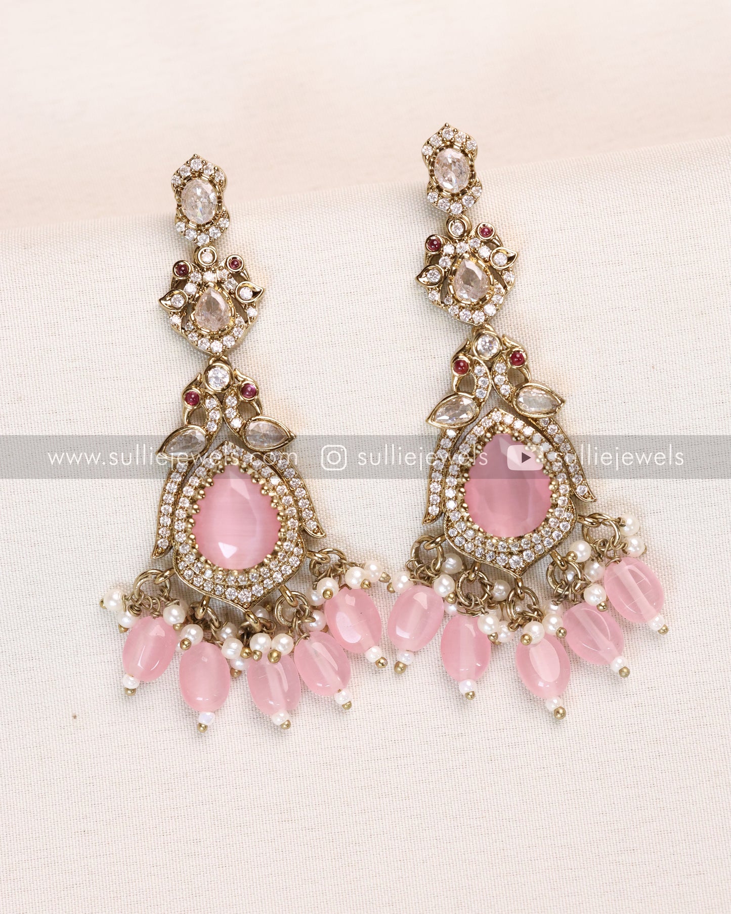 Victorian Polki Broad Choker with Earrings - Pastel Pink