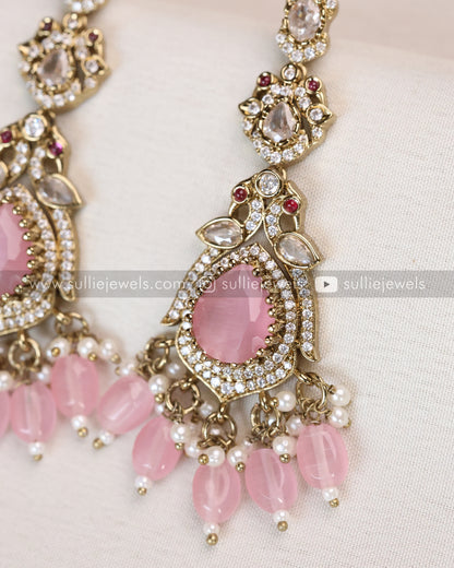 Victorian Polki Broad Choker with Earrings - Pastel Pink