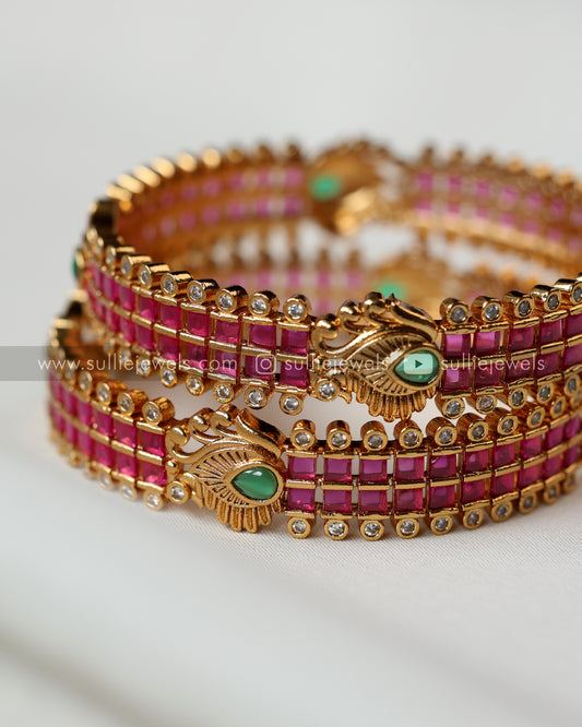 Premium Peacock Ruby Stone Bangle - Set of 2