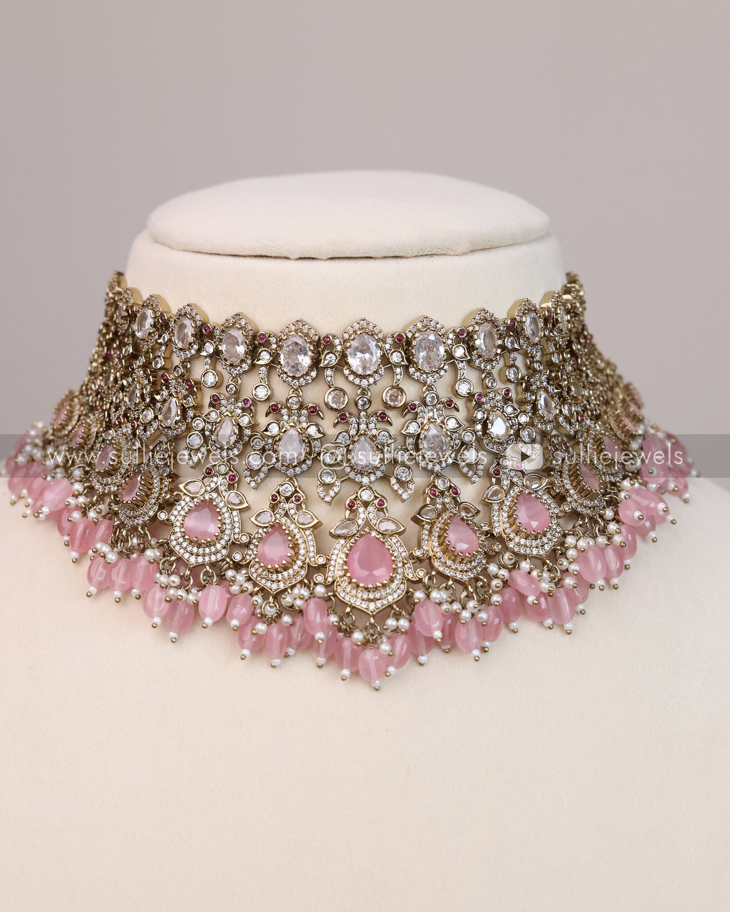 Victorian Polki Broad Choker with Earrings - Pastel Pink