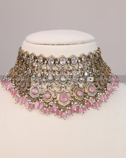 Victorian Polki Broad Choker with Earrings - Pastel Pink