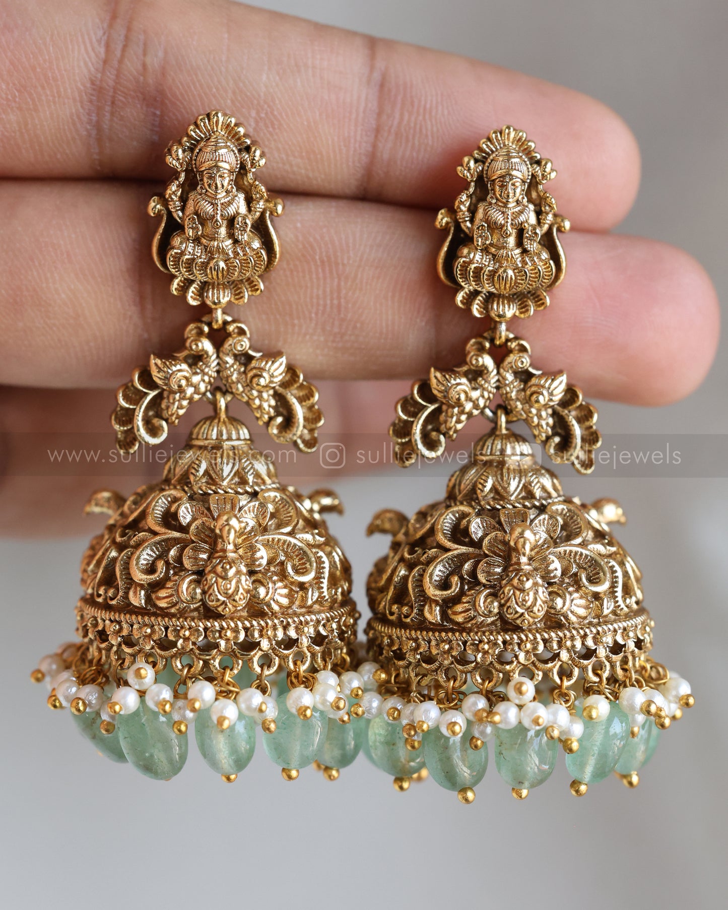 E1208 - Lakshmi Premium Gold Jhumka with Mint beads