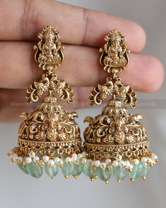 E1208 - Lakshmi Premium Gold Jhumka with Mint beads