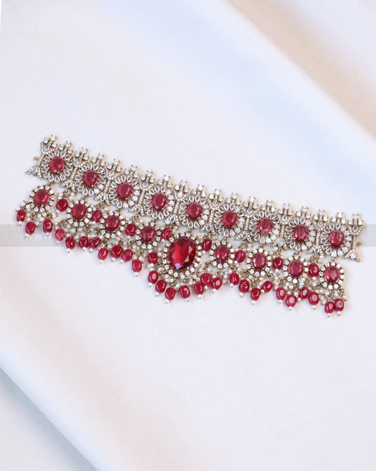 2102 - Premium Wine Red Heavy Choker with Earrings