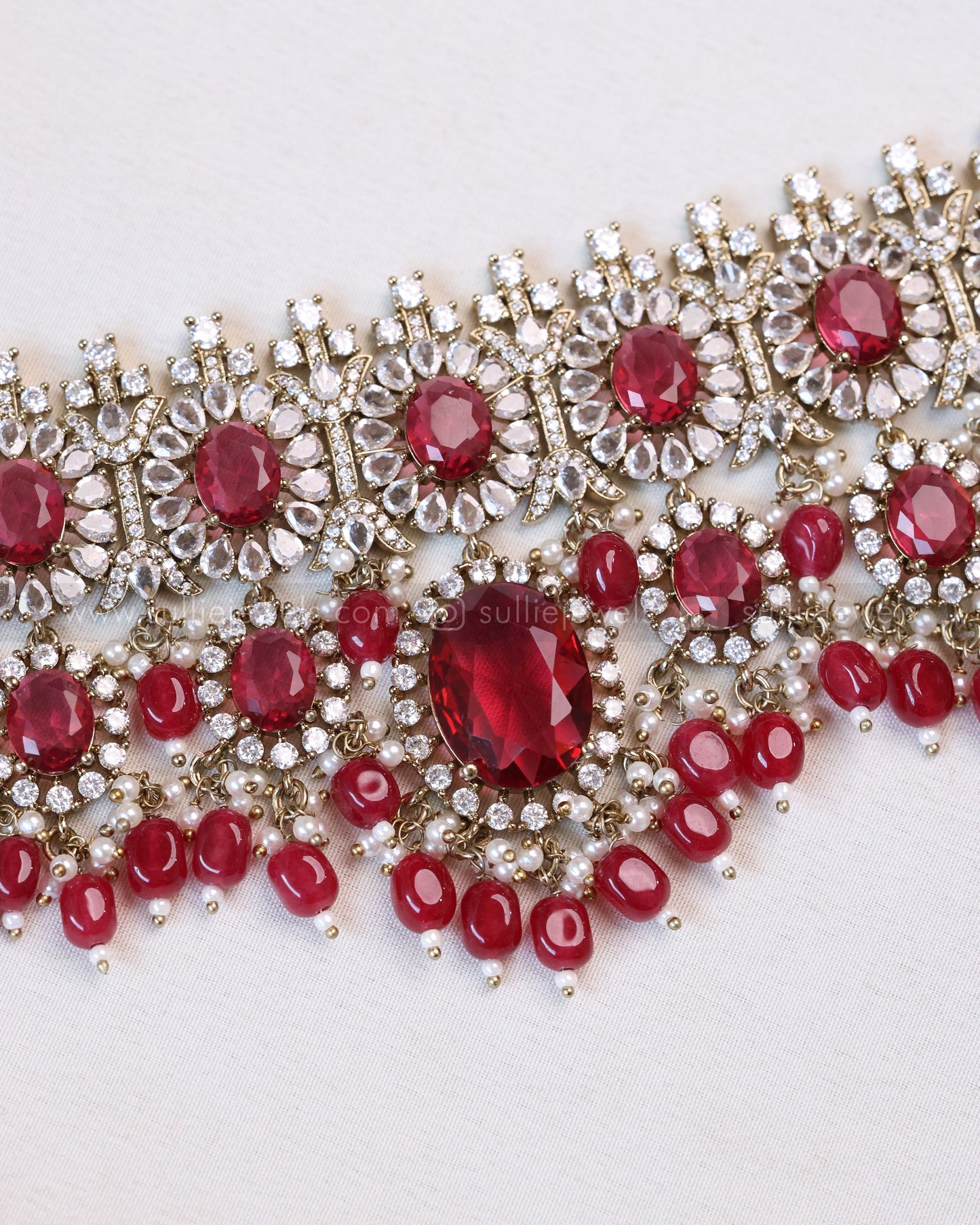2102 - Premium Wine Red Heavy Choker with Earrings