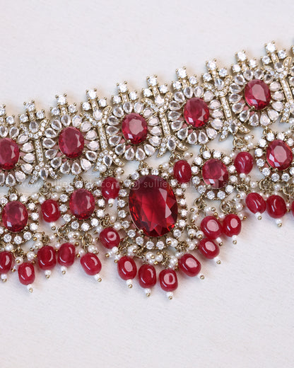 2102 - Premium Wine Red Heavy Choker with Earrings