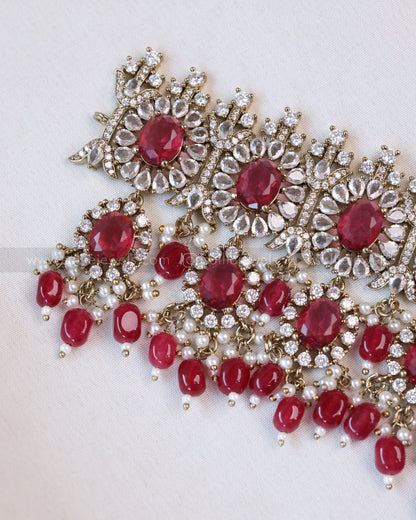 2102 - Premium Wine Red Heavy Choker with Earrings