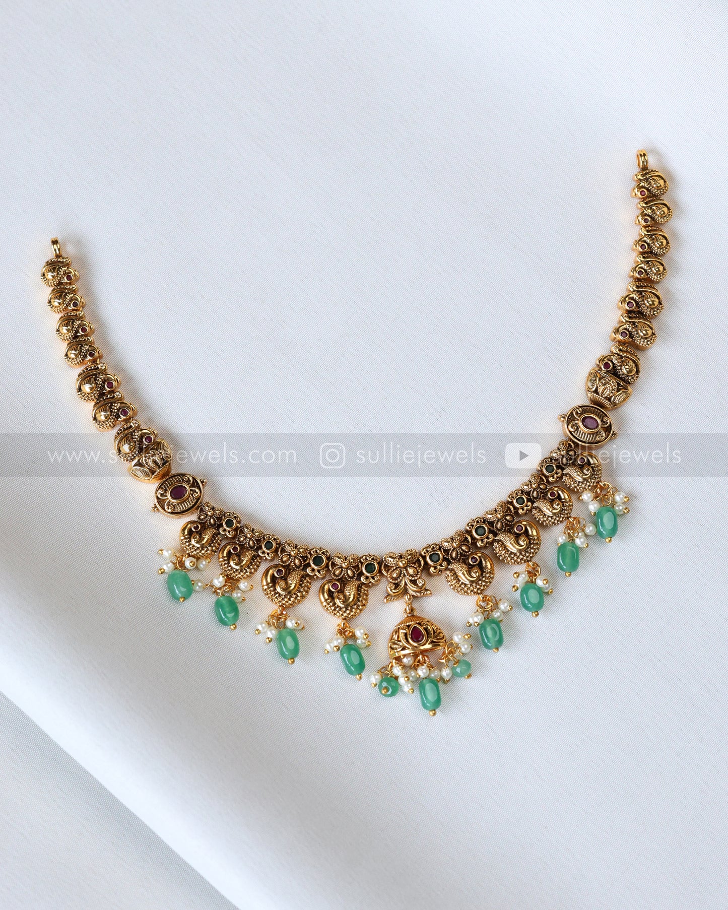 3912 - No Idol Peacock Mint Beads Necklace with Jhumka