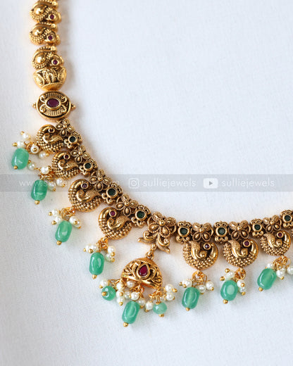 3912 - No Idol Peacock Mint Beads Necklace with Jhumka
