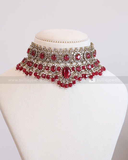 2102 - Premium Wine Red Heavy Choker with Earrings