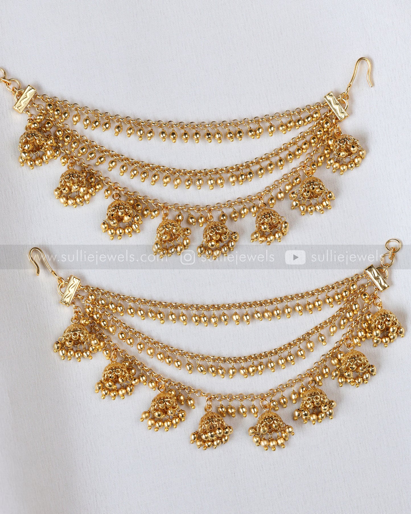 098 - Premium Three Layer Gold Jhumka Ear Chain