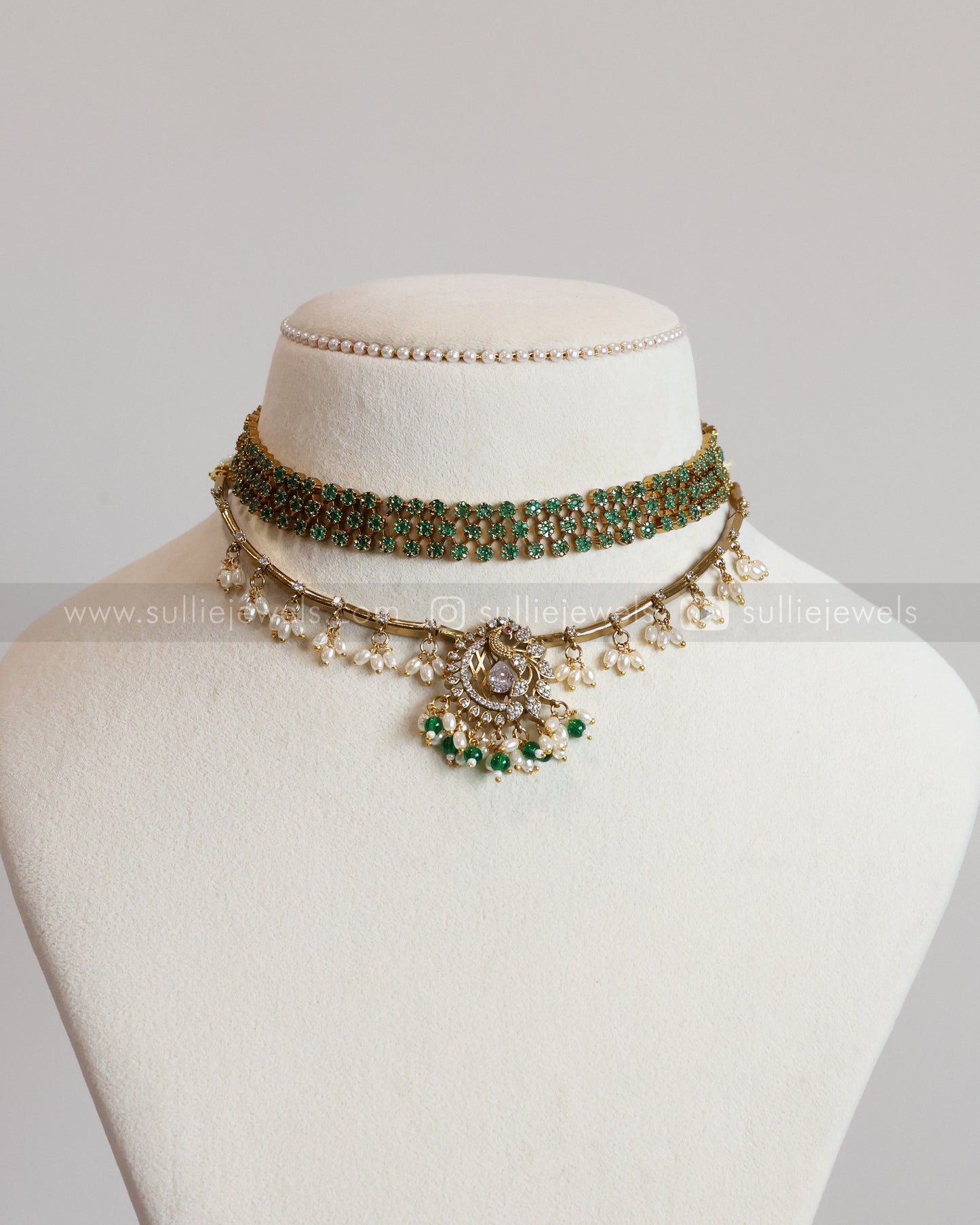 Green & White AD Stone Peacock Layered Combo