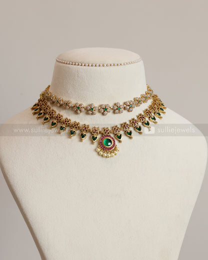 Diamond Flower & Palakka Layered Combo with Earrings