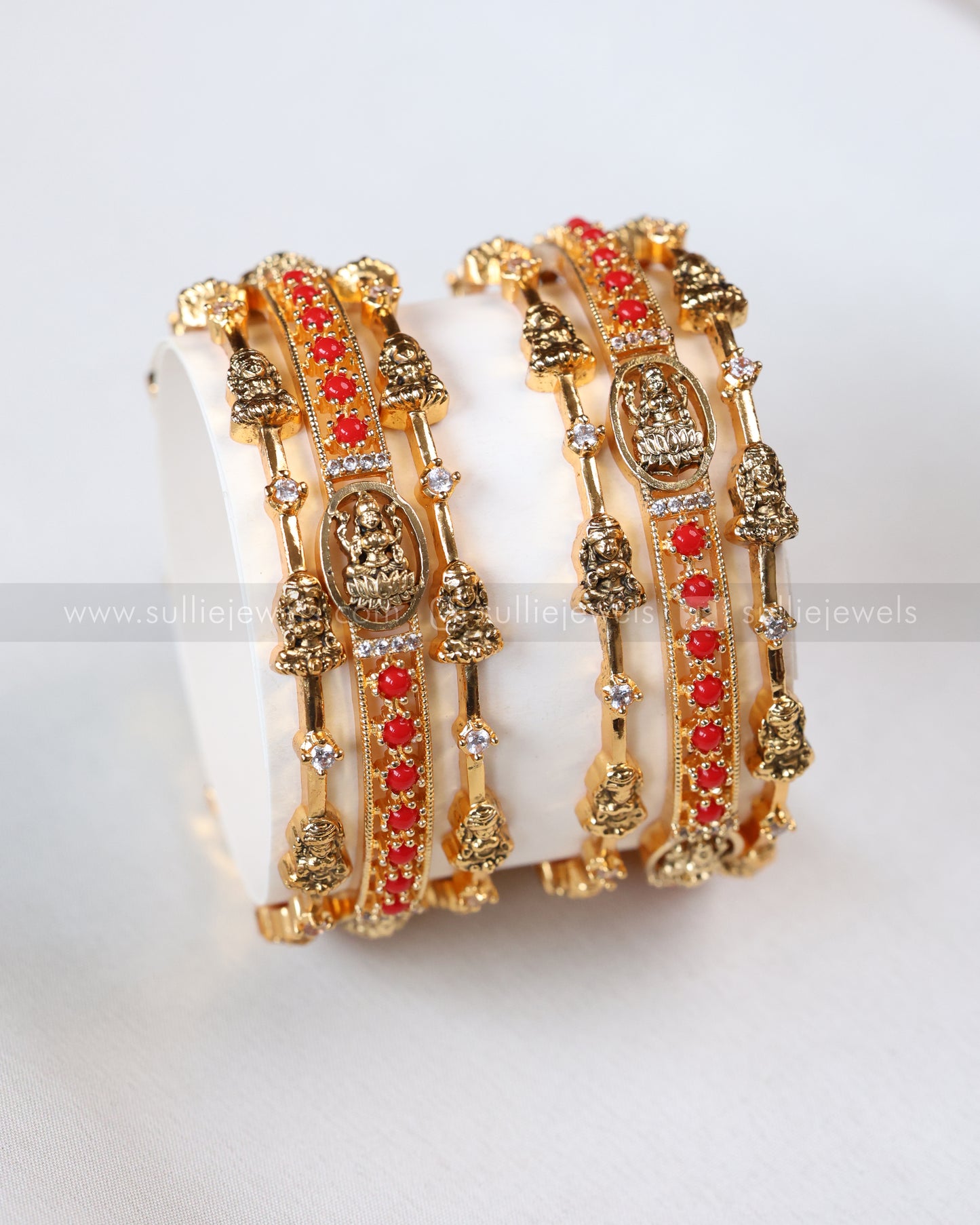 Lakshmi Coral & White Stone Bangle Combo - Set of 6 Bangles