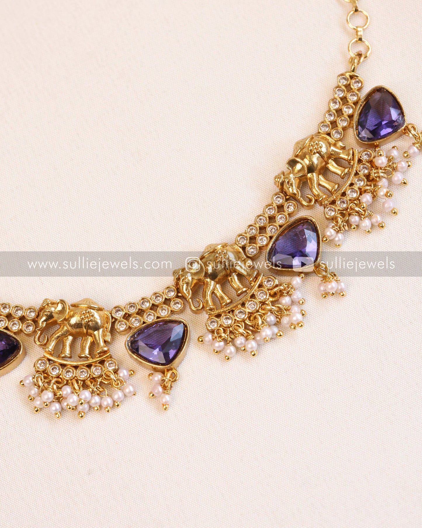 Elephant Stone Necklace with Earring - Pastel Green & Violet