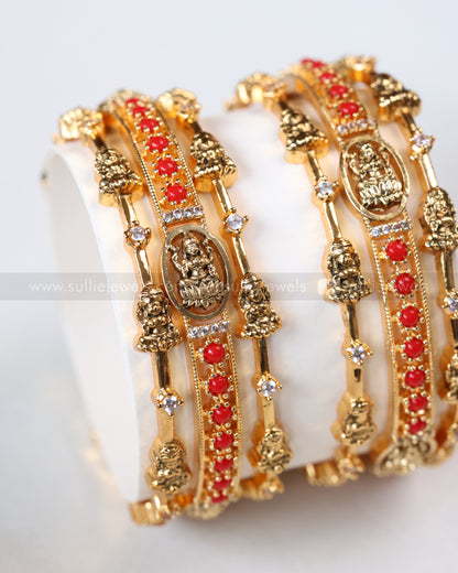 Lakshmi Coral & White Stone Bangle Combo - Set of 6 Bangles