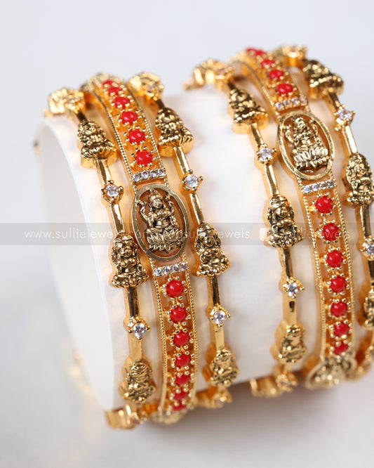 Lakshmi Coral & White Stone Bangle Combo - Set of 6 Bangles