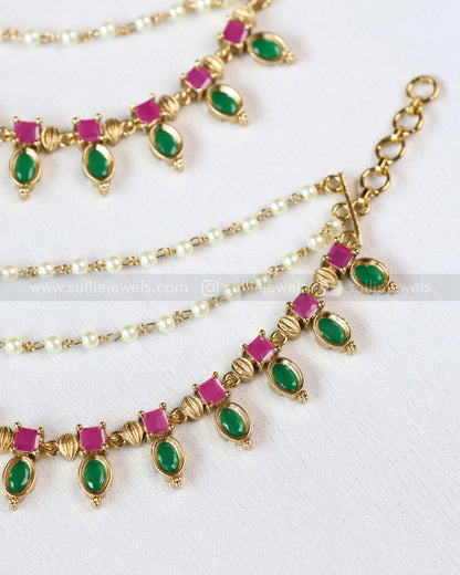 093 - Pink & Green Palakka 3 Layer Earchain / Maatti