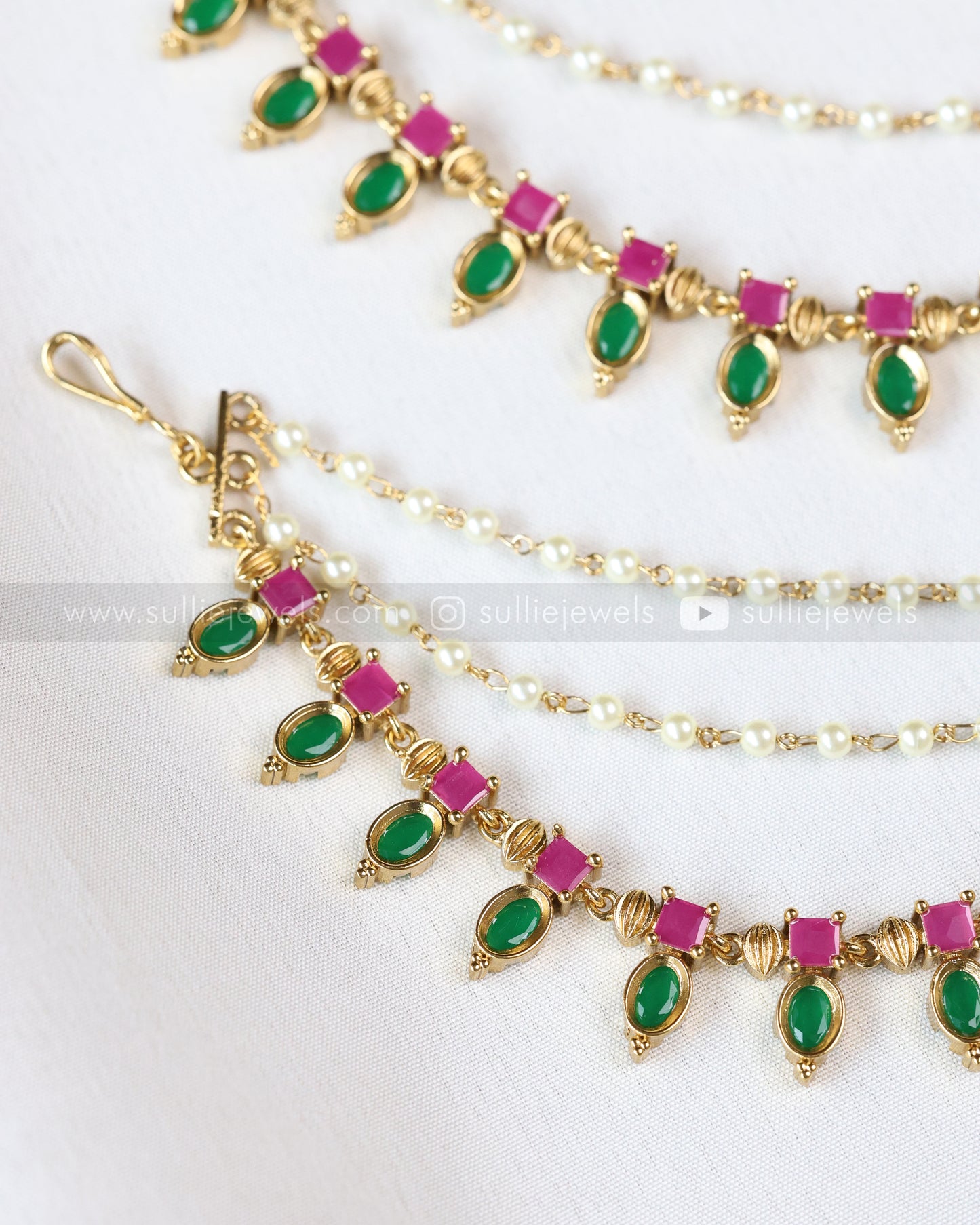 093 - Pink & Green Palakka 3 Layer Earchain / Maatti