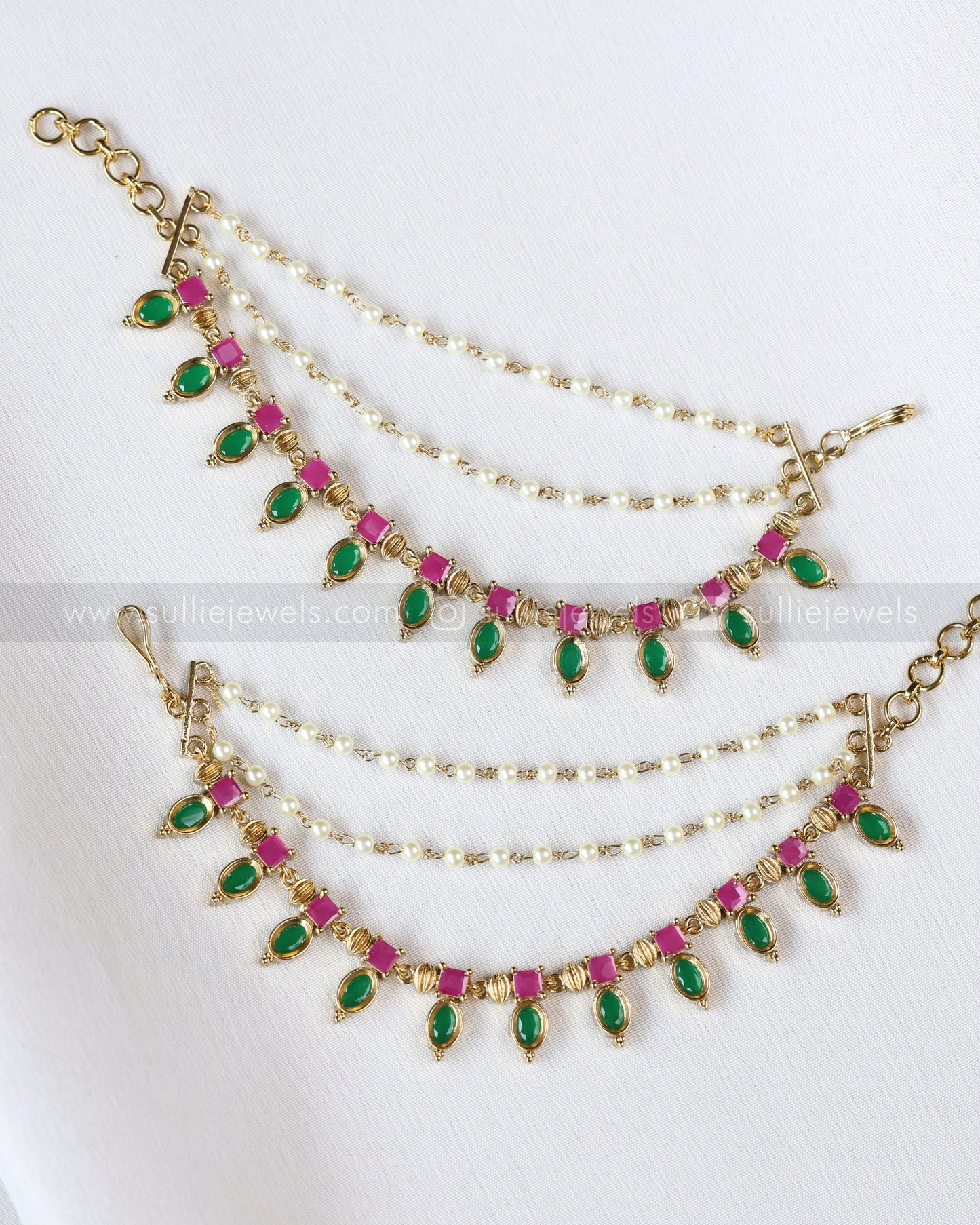 093 - Pink & Green Palakka 3 Layer Earchain / Maatti