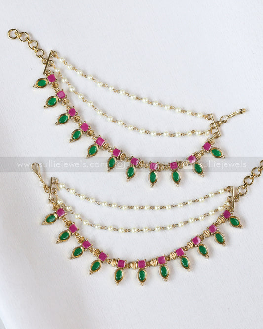 093 - Pink & Green Palakka 3 Layer Earchain / Maatti