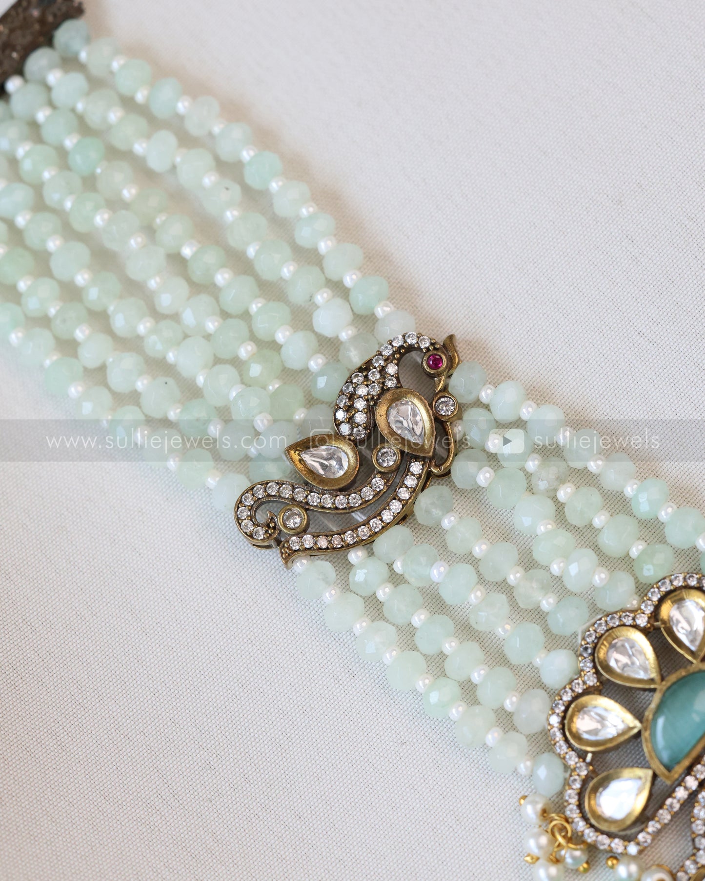 Victorian Teal Beads Choker with Earring