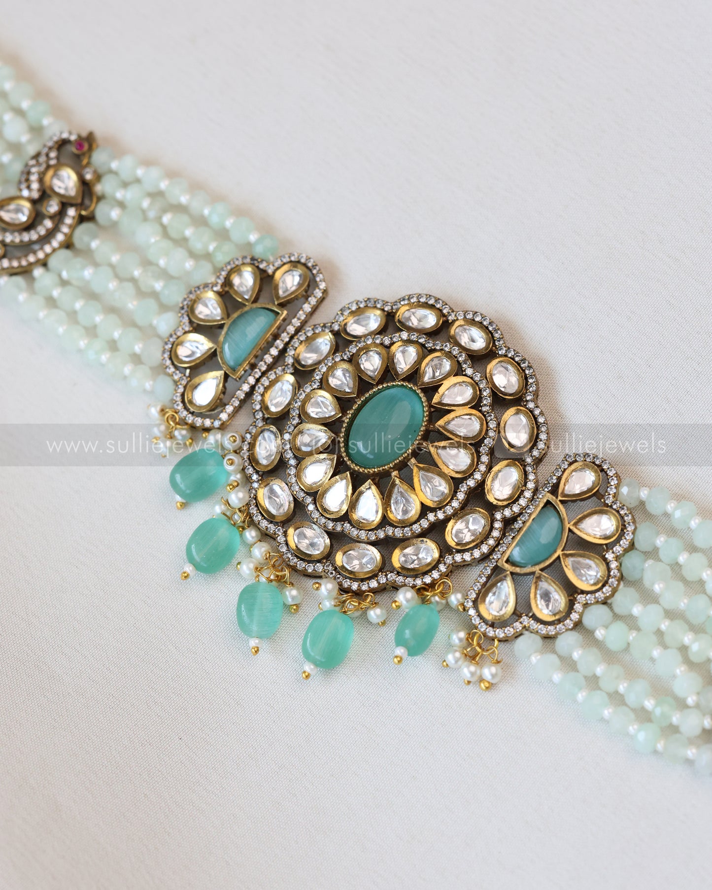 Victorian Teal Beads Choker with Earring