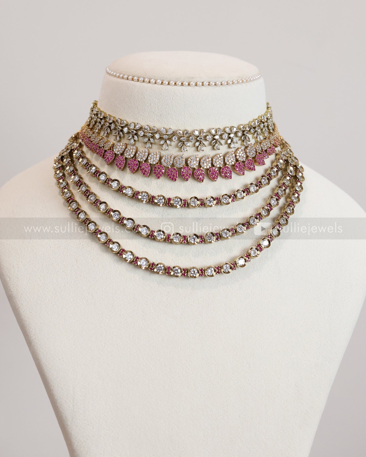 Premium AD Pink Victorian Layered Necklace Combo
