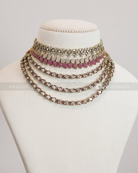 Premium AD Pink Victorian Layered Necklace Combo