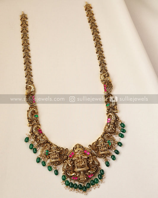 Premium Goddess Bridal Long Chain/Haram with Green Beads Set