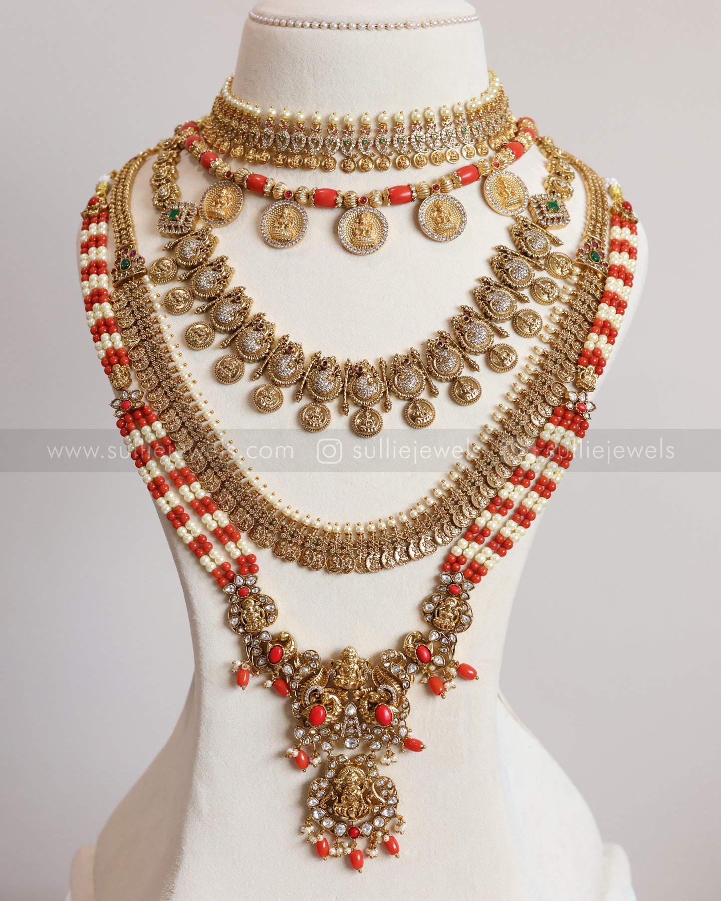 Lakshmi Gold Coin Pearl & Coral Bridal Combo ( 7 Piece )