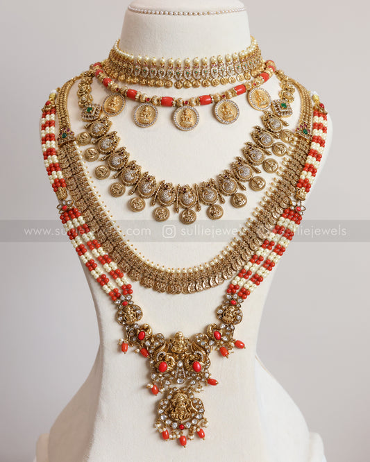 Lakshmi Gold Coin Pearl & Coral Bridal Combo ( 7 Piece )
