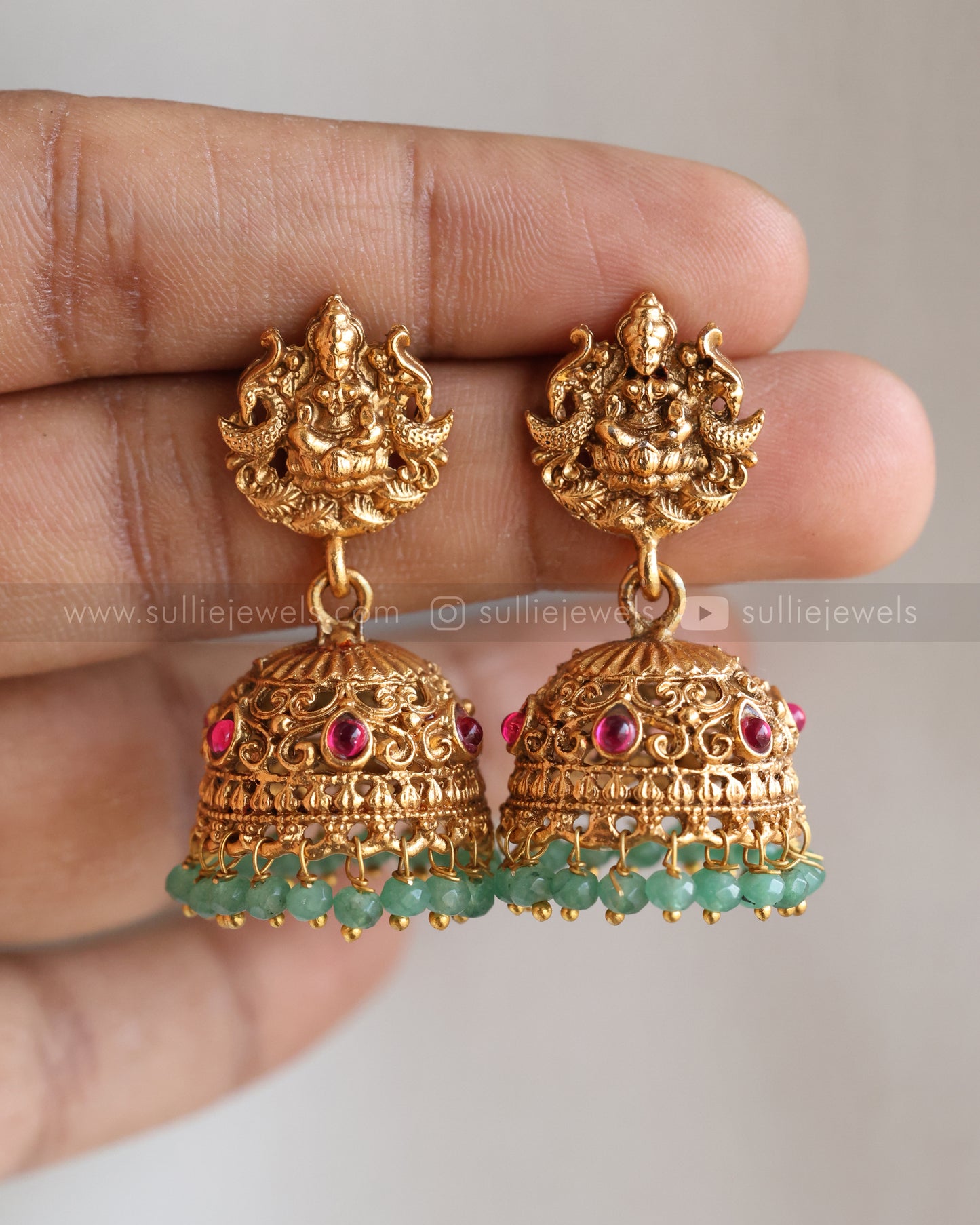 6036 - Lakshmi Copper Gold Green Beads Pendant Chain with Jhumka