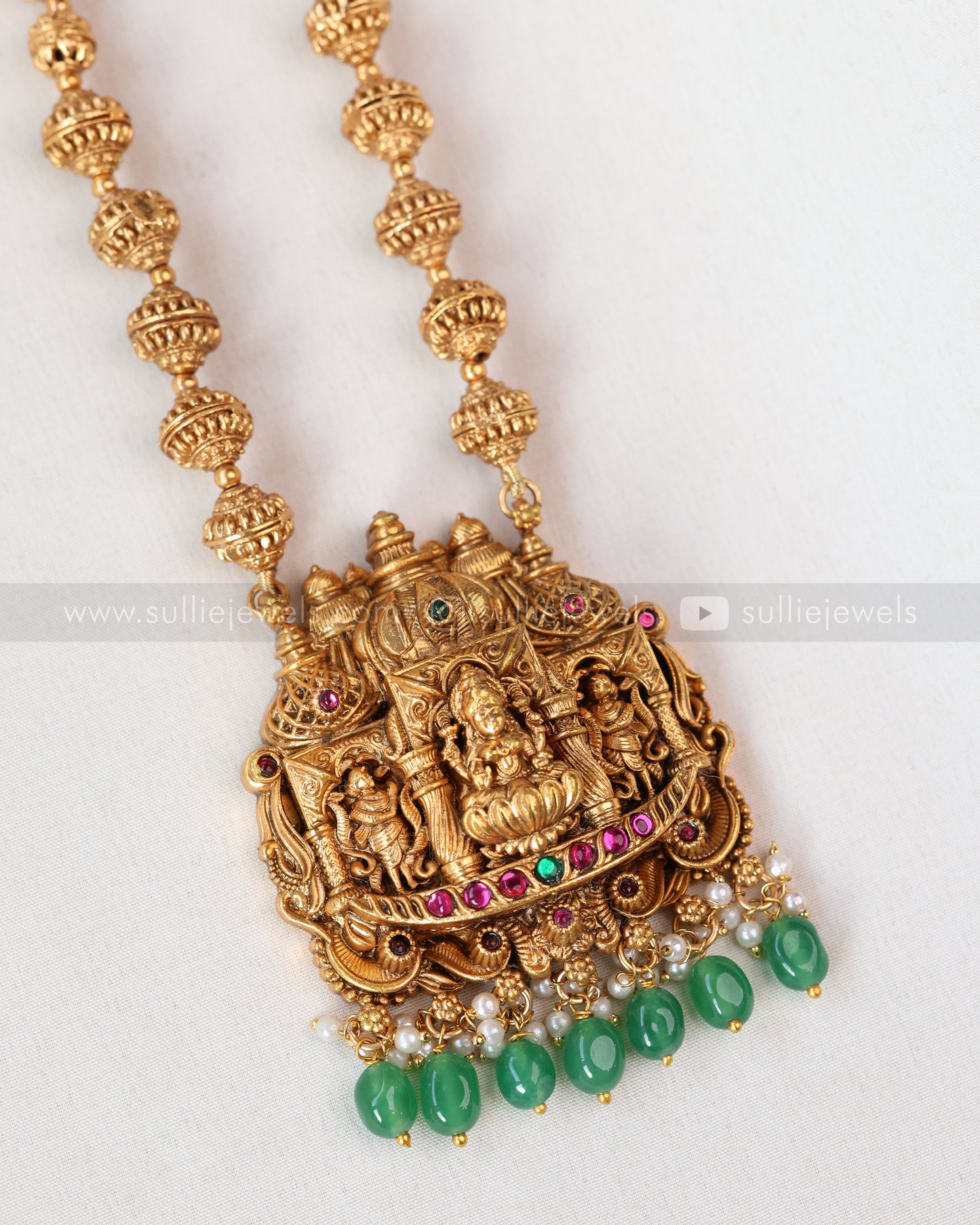 6036 - Lakshmi Copper Gold Green Beads Pendant Chain with Jhumka