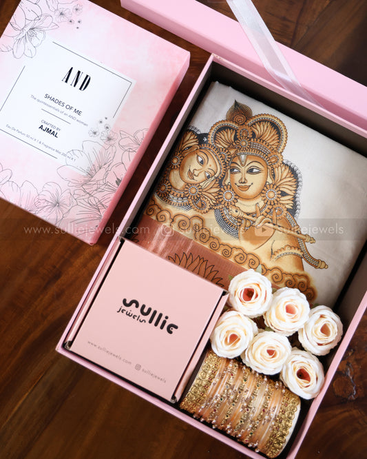 Onam Gift Hamper - Saree, Bangle set, Necklace with earring  & 250ml Ajmal Perfume