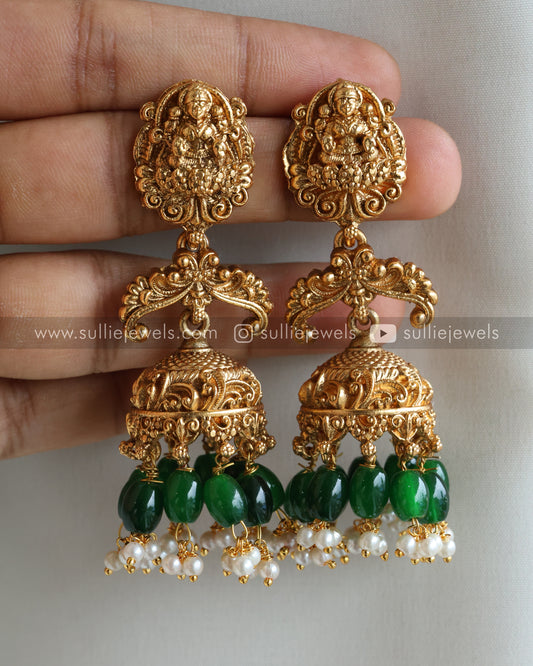 Sullie Basic - Gold Lakshmi Jhumka with Green Beads