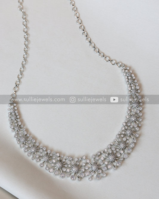 Floral AD Silver Necklace with Earrings