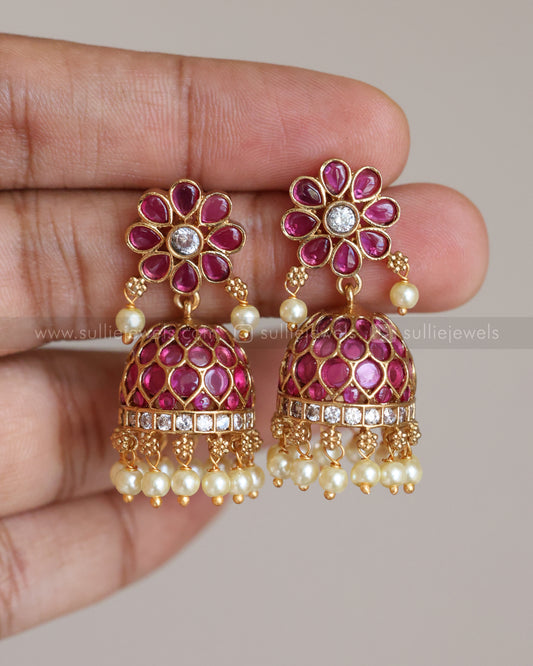 E1254 - Pink Floral Kemp Jhumka with Pearl drops