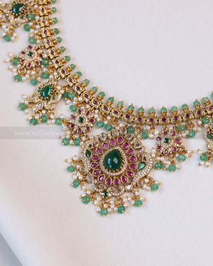 3634 - No Idol Floral Green Guttapusalu Hanging Necklace with Earring - Mint