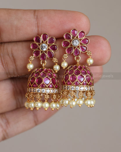 E1254 - Pink Floral Kemp Jhumka with Pearl drops