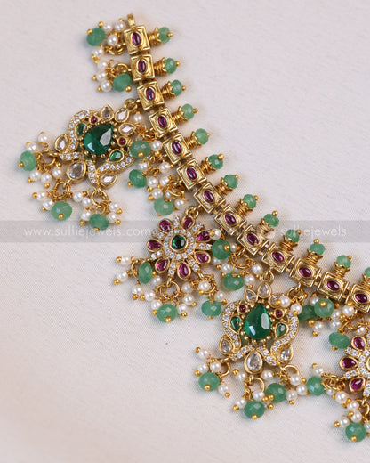 3634 - No Idol Floral Green Guttapusalu Hanging Necklace with Earring - Mint