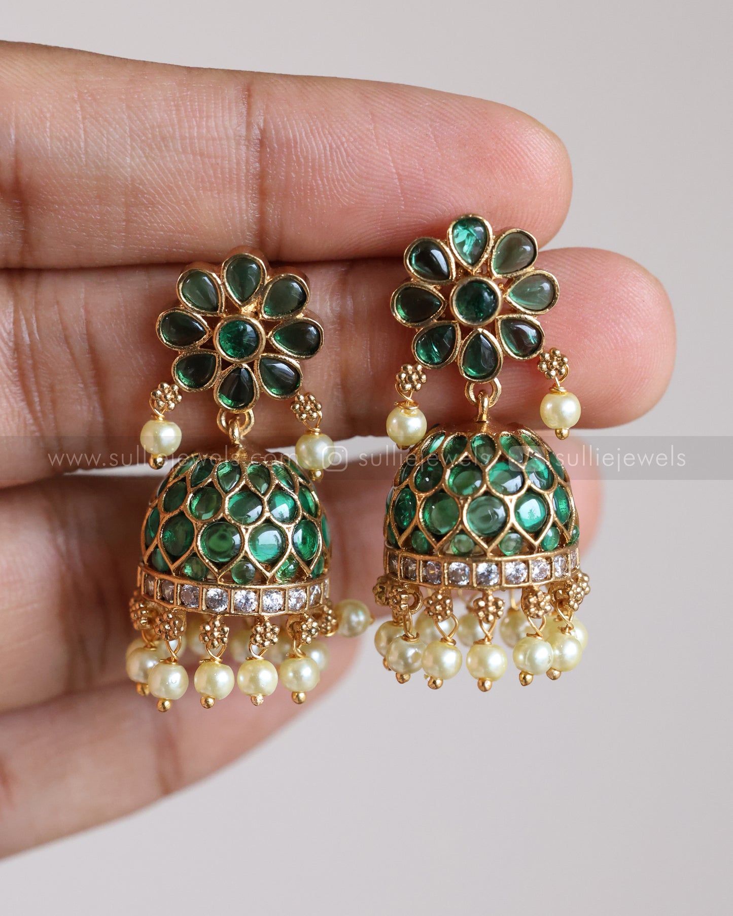 E1255 - Green Floral Kemp Jhumka with Pearl drops
