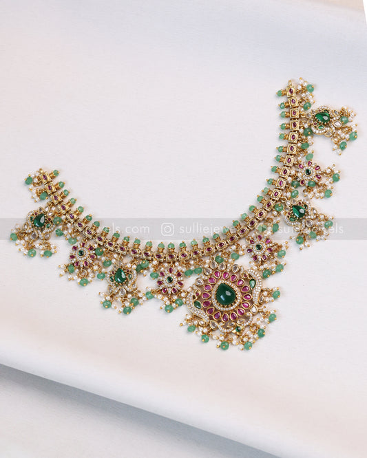 3634 - No Idol Floral Green Guttapusalu Hanging Necklace with Earring - Mint