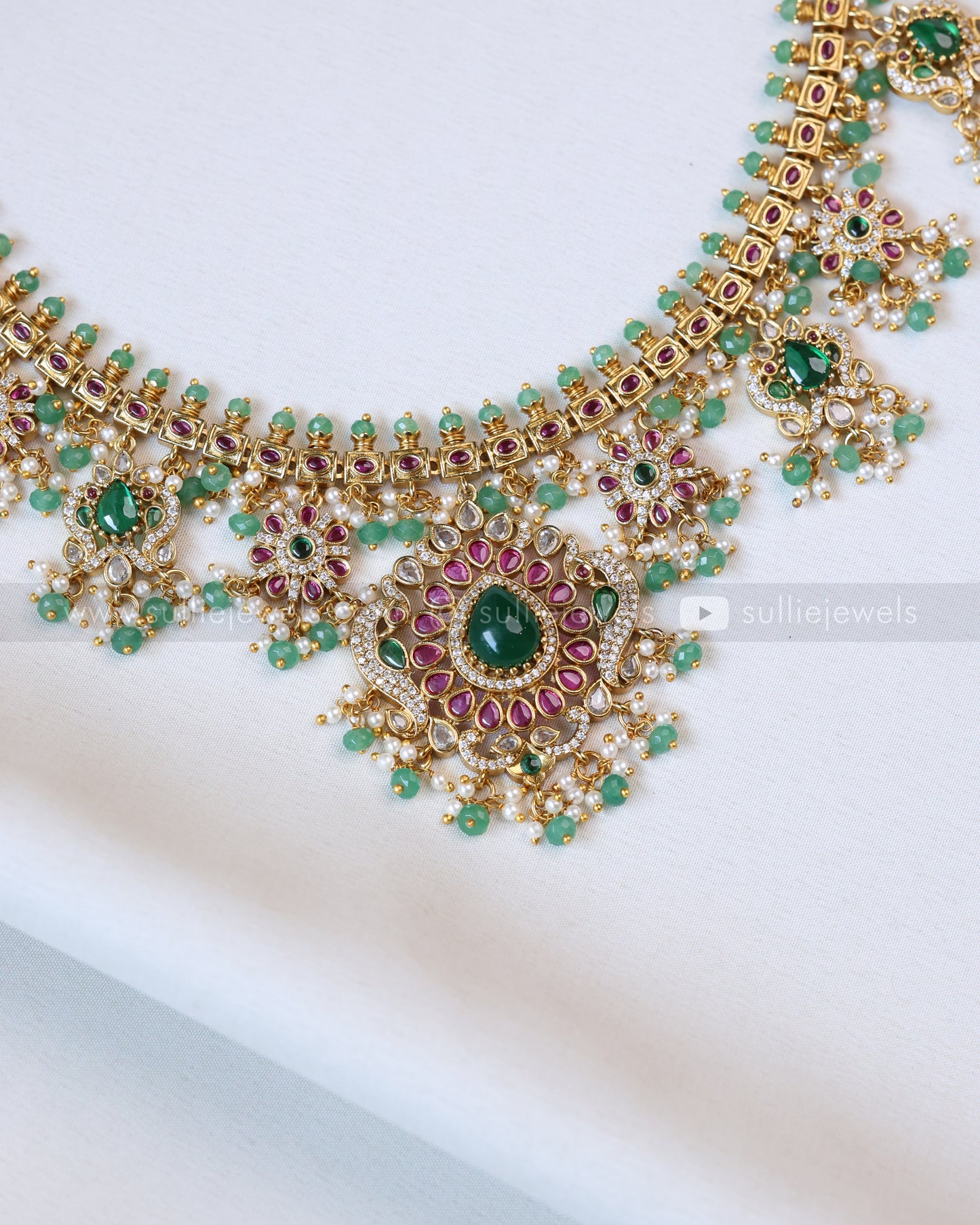 3634 - No Idol Floral Green Guttapusalu Hanging Necklace with Earring - Mint