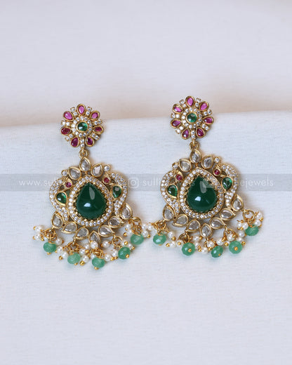 3634 - No Idol Floral Green Guttapusalu Hanging Necklace with Earring - Mint
